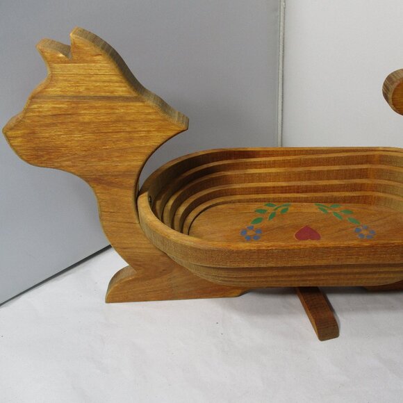 Vintage Folk Art Handcrafted Collapsible Wood Cat Shaped Wooden Basket Bowl - Picture 6 of 10